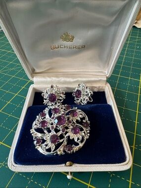 Silver-Tone Purple Crystal Brooch and clip Earrings Set
